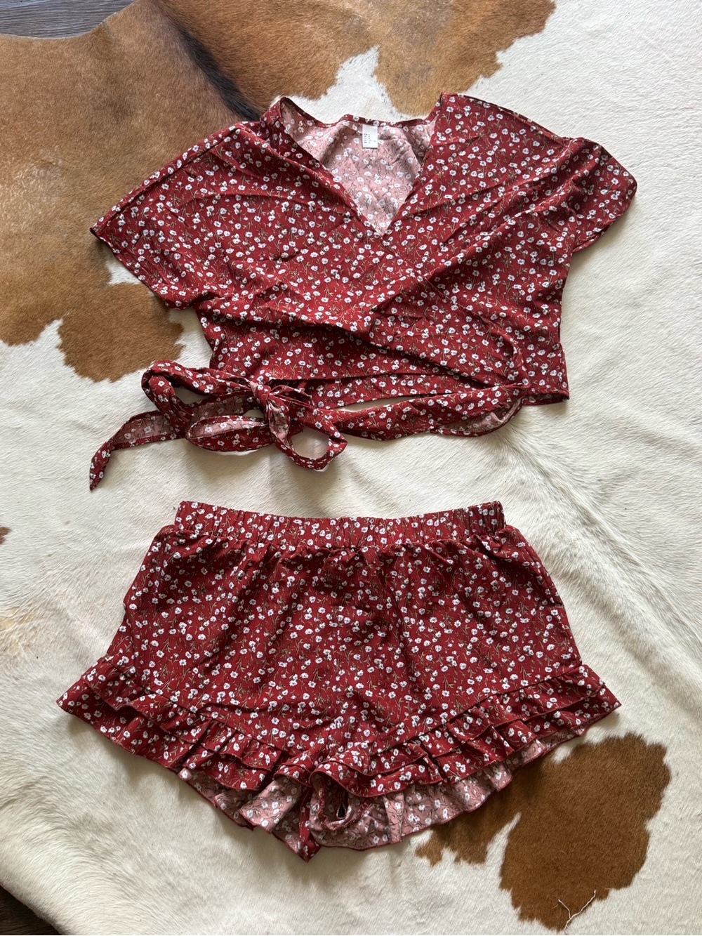Red Floral Two-Piece Tie-Front Top & Ruffle Shorts Set